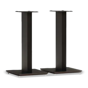 The Blok Axis speaker stands in satin black with black ash plywood