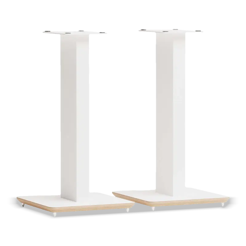 The Blok Axis speaker stands in satin white with natural ash plywood