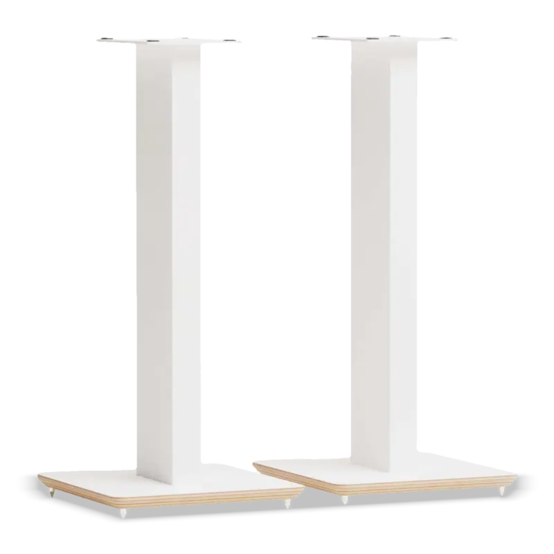 Axis 700 pair in satin white with natural ash plywood plinths