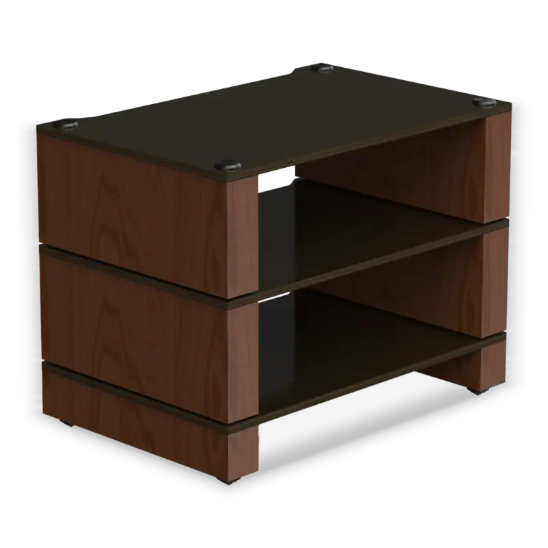 Stax 2G 3-Shelf Collection in black ash plywood with natural walnut supports