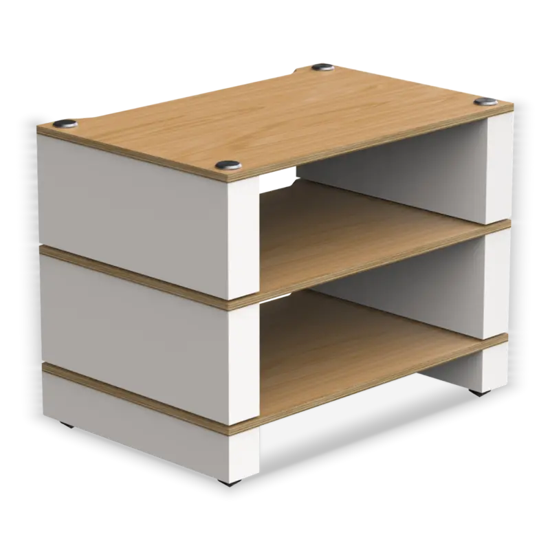 Stax 2G 3-Shelf Collection in natural ash plywood with satin white supports