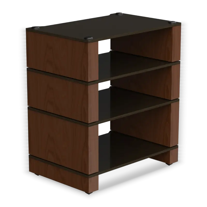 Stax 2G 4-Shelf Collection in black ash plywood with natural walnut supports
