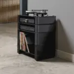 Stax 2G shelves in Black Glass / High Gloss Black in mixed heights, with records on the LP shelf
