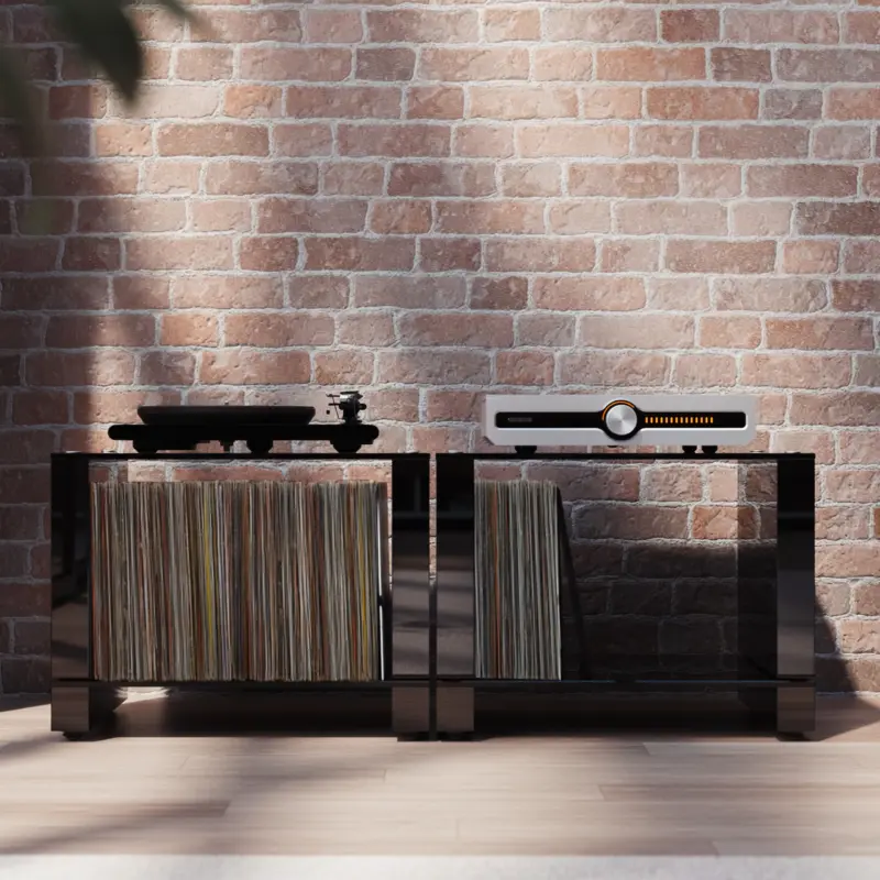 Two LP Collections in Black Glass / High Gloss Black holding records against a brick wall
