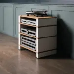 Stax 2G rack in natural ash and satin white holding a turntable and electronics