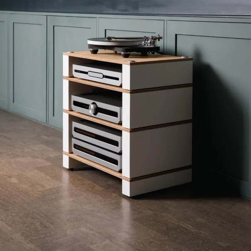 Stax 2G rack in natural ash and satin white holding a turntable and electronics
