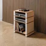 The Blok Stax 2G Shelf in mixed heights, with records on an LP shelf, in natural ash and satin white
