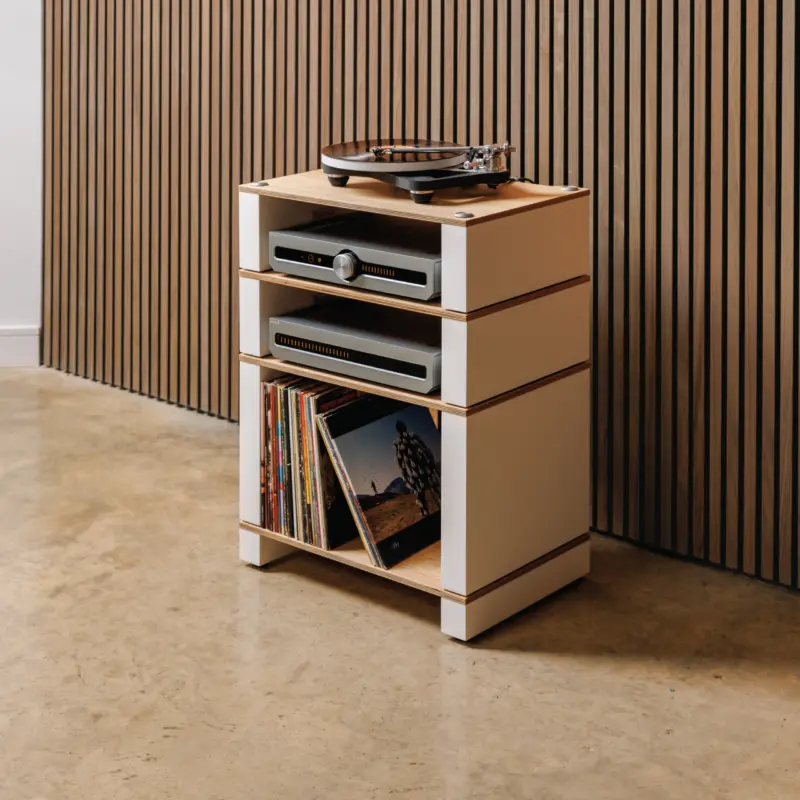 The Blok Stax 2G Shelf in mixed heights, with records on an LP shelf, in natural ash and satin white