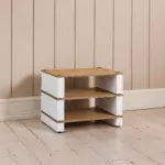 Blok Stax 2G White panelled room The Blok Stax 2G Base in natural ash plywood with satin white supports, carrying two shelves in a panelled room
