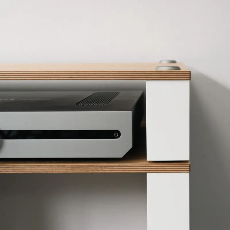 Satin white support between natural ash shelves, with a component in place