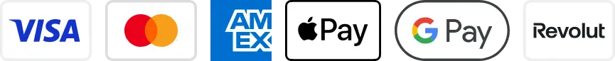 Visa, Mastercard, American Express, Apple Pay, Google Pay and Revolut Pay accepted